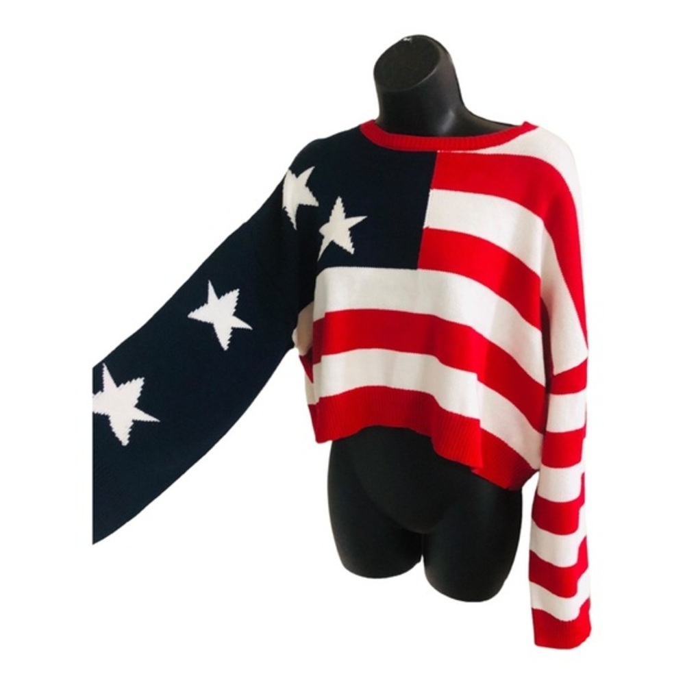 Red White & Blue American flag patriotic knit long sleeve sweater size large new - Picture 3 of 8